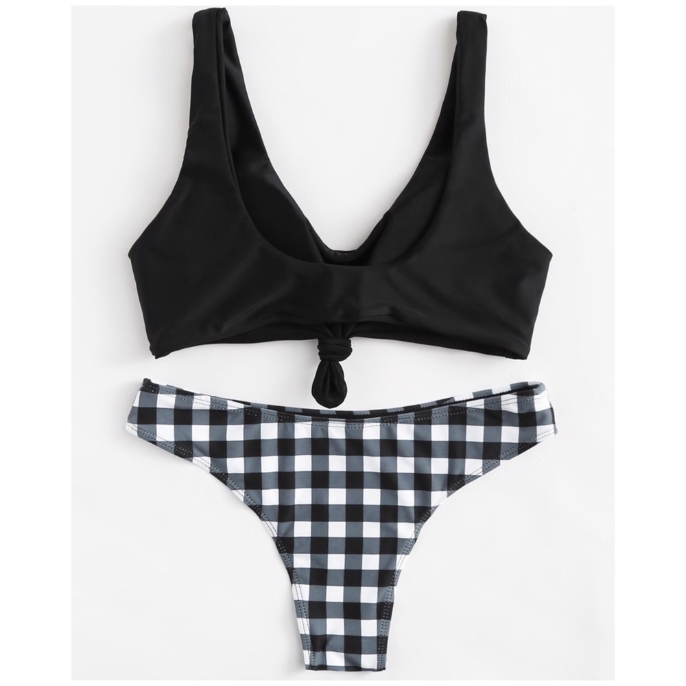 Black Gingham Tie Knot Bikini Swimsuit - Picture 2 of 5